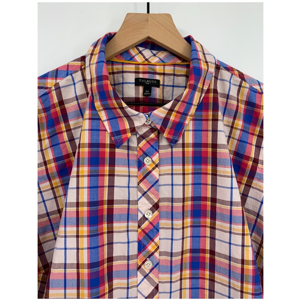 Talbots Shirt Womens 2X Red Blue Yellow Plaid Cotton Long Sleeve Fall Button Up